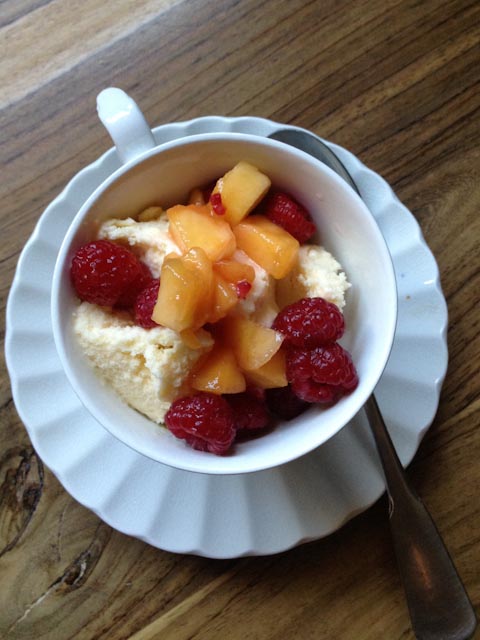 Corn Ice Cream with Peaches and Raspberries