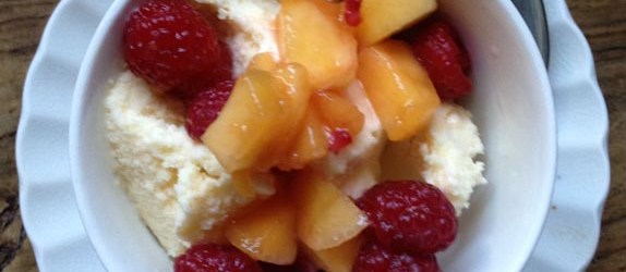 Corn Ice Cream with Peaches and Raspberries