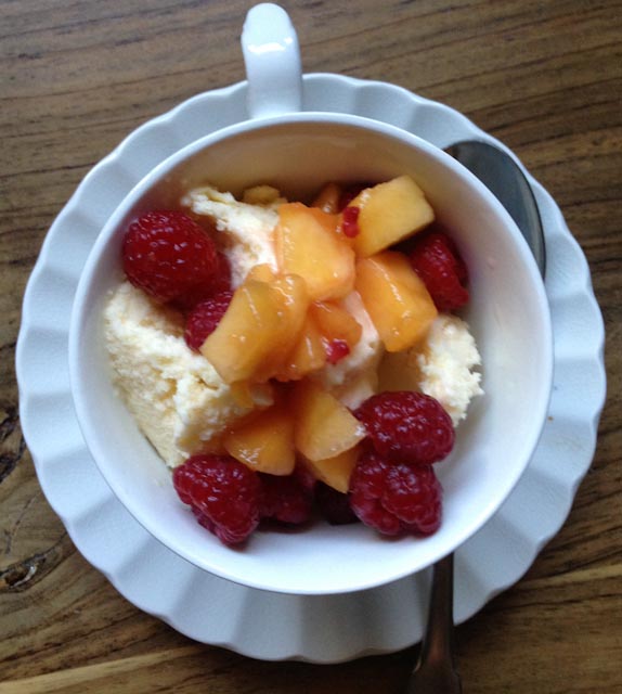 Corn Ice Cream with Peaches and Raspberries