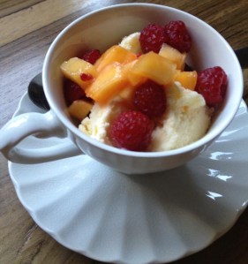 Corn Ice Cream with Peaches and Raspberries